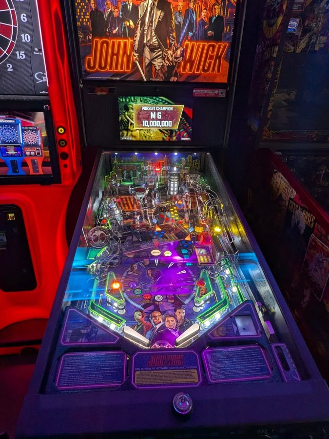 John Wick pinball machine, playfield lit